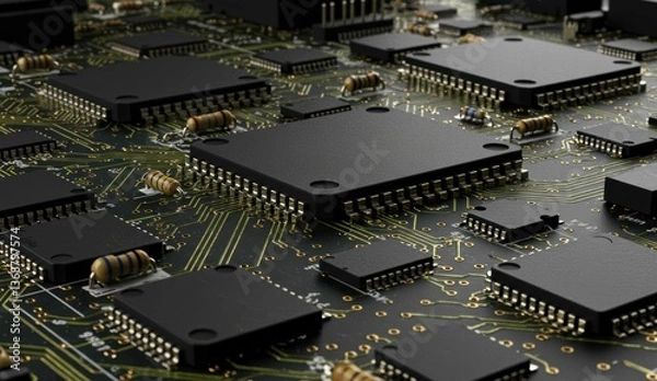 Fototapeta Close-up of microchips and electronic components on circuit board. Represents technology and innovation.