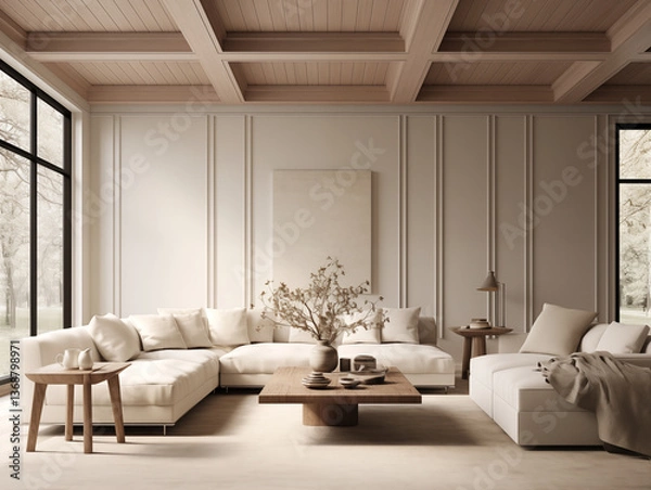 Fototapeta Modern minimalist living room interior with wall panelling in light colors and light color interior. Living room with wall panels, couch and simple minimalist decor