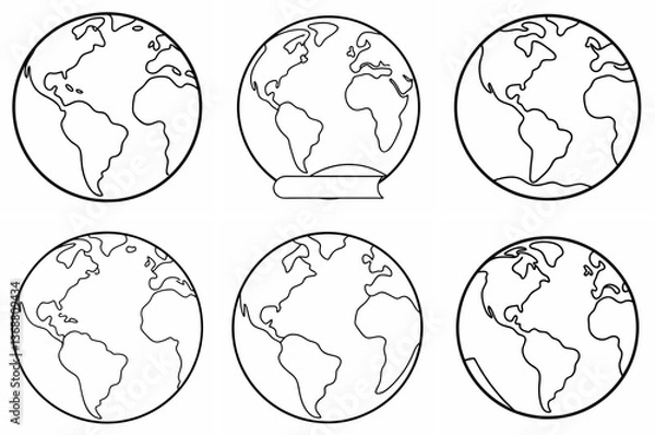 Fototapeta Earth Outline Coloring Book Page – Line Art Drawing Set on White Background