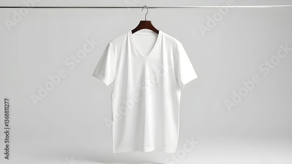 Fototapeta White V-neck T-shirt mockup on a stylish metal hanger, ideal for fashion branding and e-commerce visuals