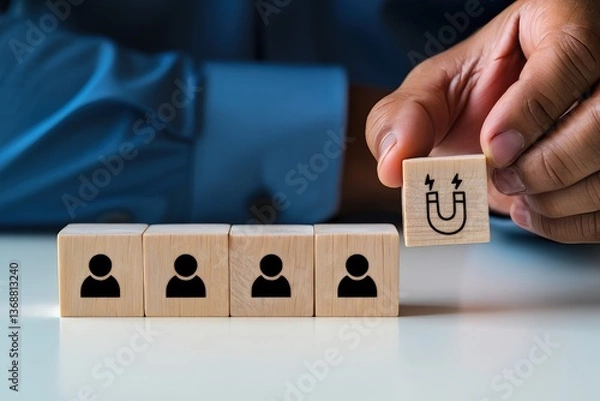 Obraz Customer retention concept. Inbound marketing strategy. Attracting potential customers. Hand puts wooden cubes with magnet attracts customer icons on beautiful grey background and copy space. Loyalty