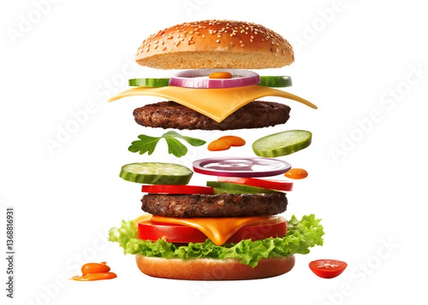 Fototapeta Delicious close-up of a floating burger with layers of fresh lettuce, tomato, onion, cheese, and a juicy beef patty, creating an appetizing and visually appealing composition