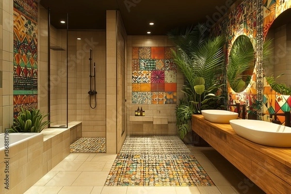 Fototapeta Creative Office Bathroom with Vibrant Wall Art and Eco-Friendly Fixtures