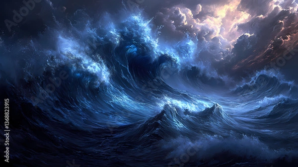 Obraz Sapphire blue waves crash dramatically on a mystical shore, ethereal mist swirling, crest, wave texture. Sapphire Mist. Illustration