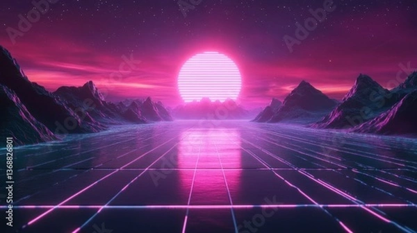 Fototapeta Retro synthwave landscape with neon grid, mountains and sun in pink and purple.