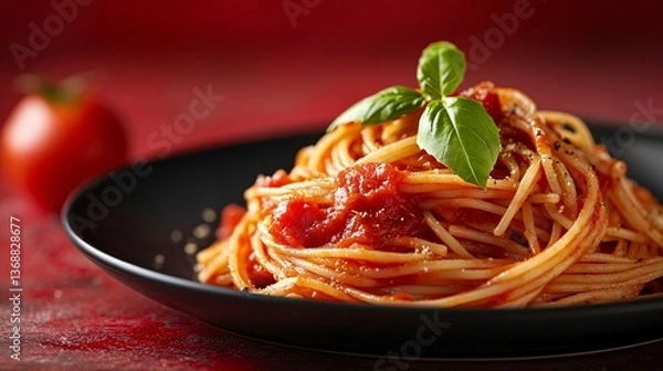 Obraz Delicious Spaghetti with Tomato Sauce and Fresh Basil on Plate