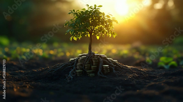 Fototapeta Rooted Coins with Leaves Reflecting Sustainability and Growth