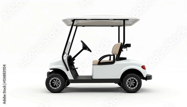 Fototapeta White golf cart on white background. Modern design with canopy and seats. Side view showcases clean lines, vehicle for resort, sunny weather recreation, leisure activity.