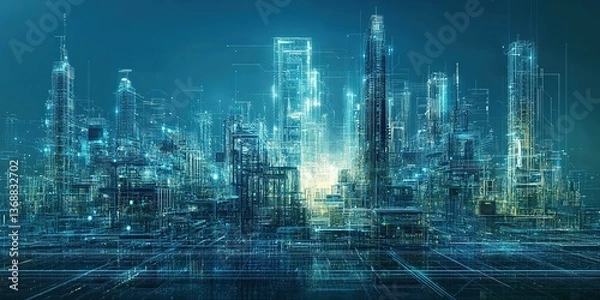 Obraz Futuristic cityscape showcasing advanced technology and towering skyscrapers at night with glowing circuits