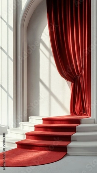 Fototapeta Elegant red carpet leading to draped curtains in a well-lit interior setting