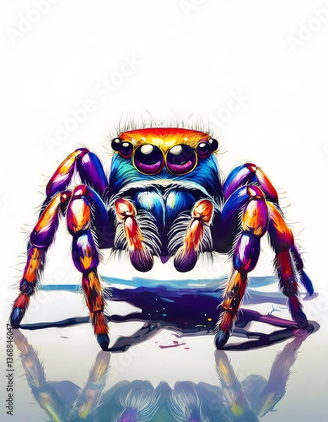 Fototapeta Jumping spider with vibrant hues and detailed features, rendered in a digital art style against a clean white background