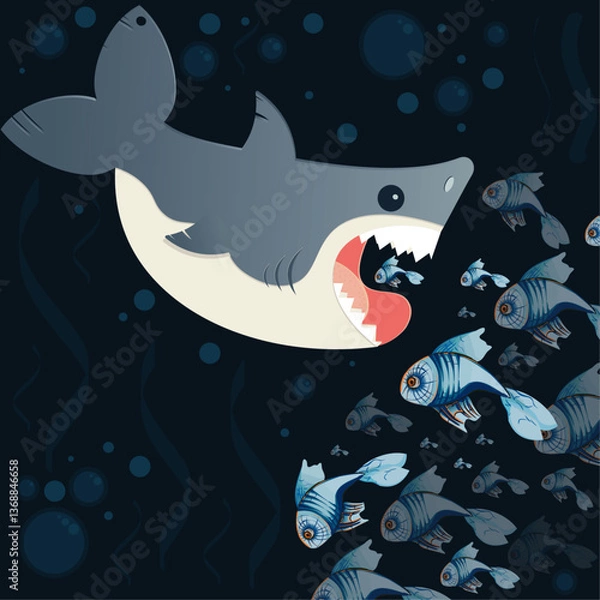 Fototapeta vector illustration of a shark and fishes