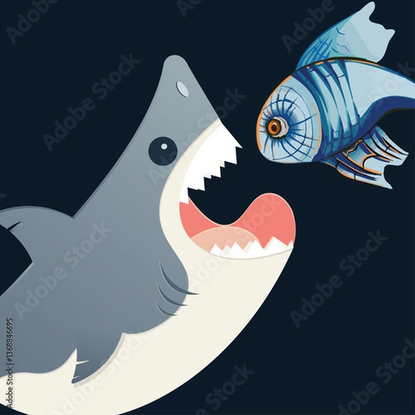 Fototapeta vector illustration of a shark and fishes