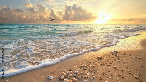 Fototapeta Serene sunrise beach scene with gentle waves, seashells, and soaring bird