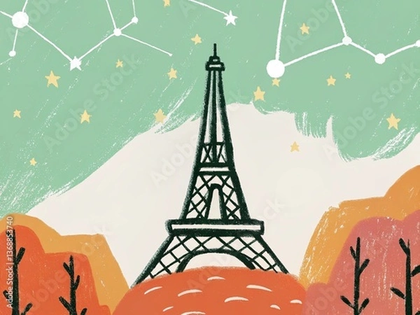 Fototapeta A minimalist hand-drawn Eiffel Tower silhouette at dusk, with geometric star constellations
