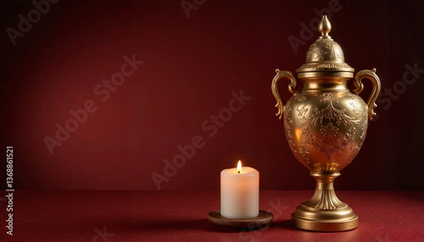 Fototapeta Elegant urn and lit candle against a dark red background  