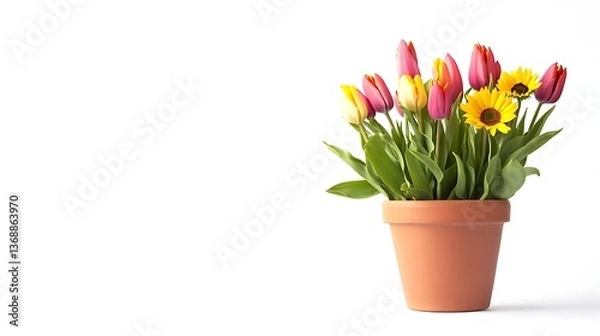 Fototapeta Colorful tulip and sunflower bouquet arrangement in terracotta pot,isolated on white background.