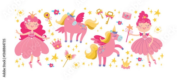 Obraz Cartoon dancing ballerina with pink unicorn in a skirt. illustrations doodle set, isolated design elements.