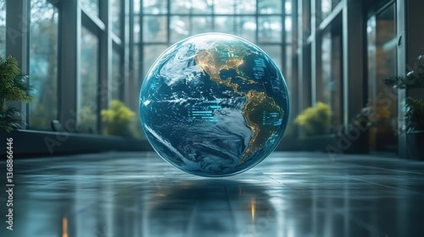 Obraz A digital twin of Earth, showing real-time sustainability data, including carbon reduction progress, green tech investments, and AI-driven climate solutions, floating in an