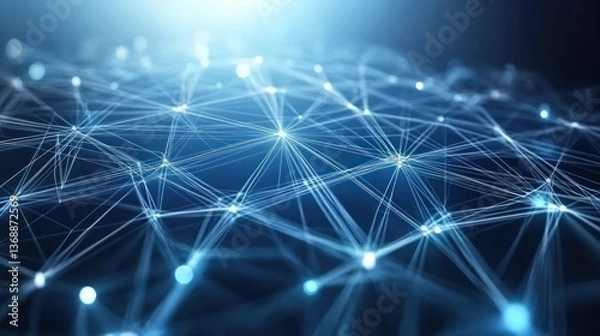 Fototapeta Abstract futuristic network of glowing nodes and connecting lines in blue tones.