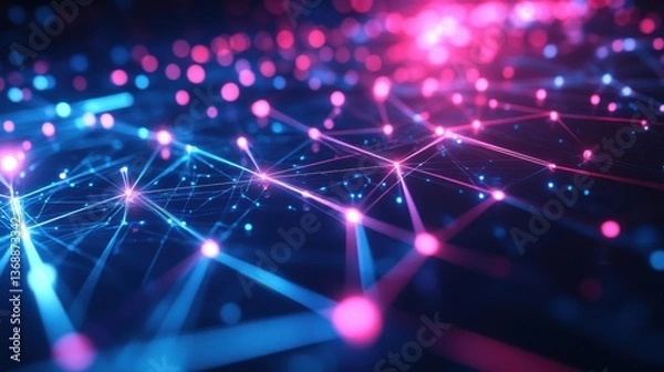 Obraz Abstract Network Connection Pink and Blue Glowing Lines, Nodes, and Bokeh