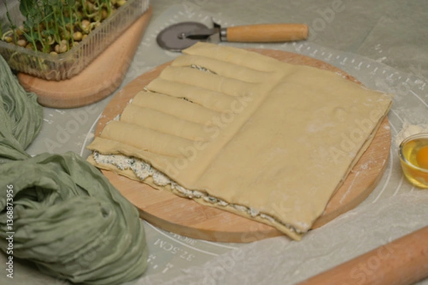 Obraz Square sheet of dough cut into strips on wooden board. Cutter, egg, green towel, microgreens sprouts on kitchen table. Home cooking baking puffs