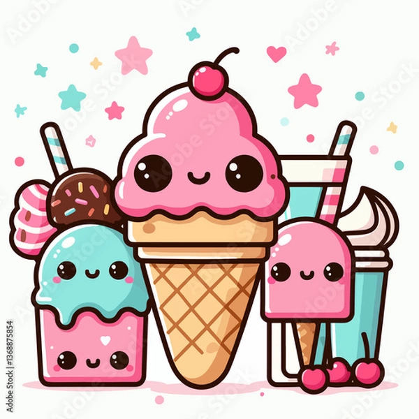 Obraz A cartoonish drawing of a pink ice cream cone with a cherry on top