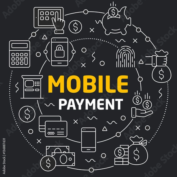 Fototapeta Vector linear illustration dark background mobile payment