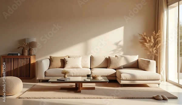 Fototapeta Warm and Inviting Home Decor Featuring a Modular Sofa and Rattan Sideboard