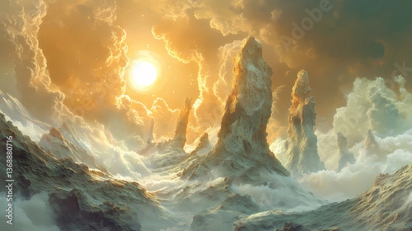 Fototapeta A surreal landscape with iridescent rock formations, backlit by a bright sun and wispy clouds, creating a dreamlike and fantastical ambiance, a unique artistic vision. Shadowy Gleam. Illustration