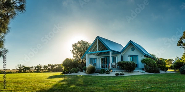 Fototapeta Luksusowy drewniany dworek w pobliżu południowej Australii "Wilsons Promontory". Dom wakacyjny, który można wynająć. Architektura wydaje się nordycka.