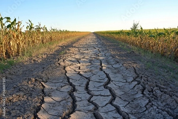 Fototapeta A dry, cracked earth pathway stretches through fields of corn and sunflowers under a clear summer sky, showcasing drought conditions Generative AI