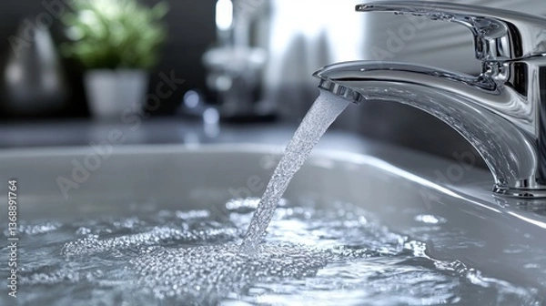 Fototapeta A hotel faucet installed with a water-saving device, delivering a gentle flow of water into a sink, promoting eco-friendly practices in guest rooms