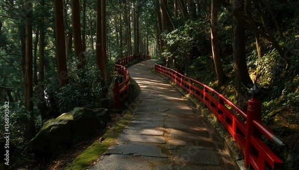 Fototapeta Forest Pathway with Red Railing