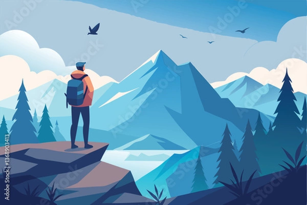 Fototapeta A minimalist vector illustration of a traveler with a backpack standing on a mountain peak, looking at a vast landscape, with birds flying in the background