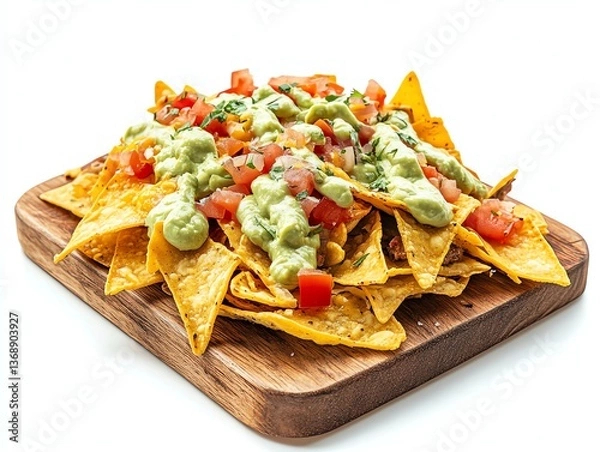 Fototapeta Serving of Nachos on Wooden Board with Guacamole and Tomatoes