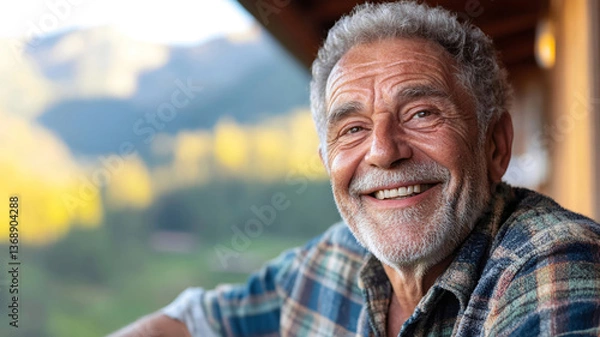 Fototapeta Smiling elderly man enjoying fresh air on a wooden balcony with mountain landscape and warm sunlight