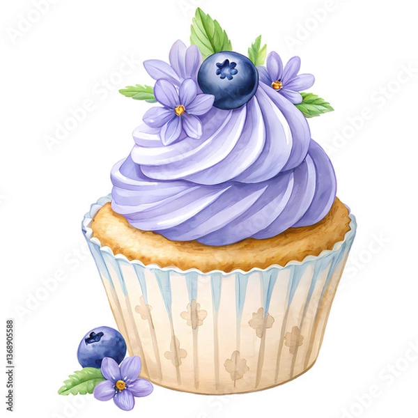 Obraz Blueberry cupcake with blueberries and flowers isolated watercolor illustration. 