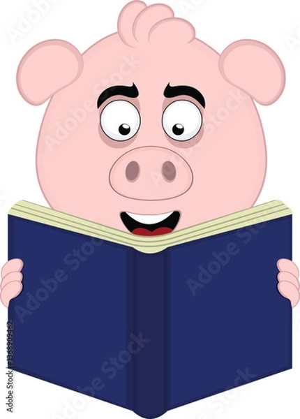 Fototapeta vector illustration emoji character face pig cartoon, holding, reading and studying book