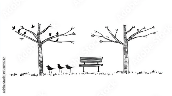 Obraz Simple winter park scene with birds and bench