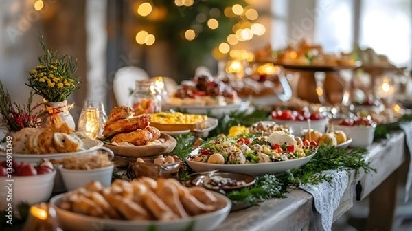 Obraz Festive buffet spread on rustic wooden table