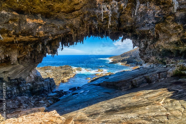 Obraz Admirals Arch. Famous "Admirals Arch" at Flinders Chase National Park, Kangaroo Island, Australia. Amazing rock formation, seals in the background.