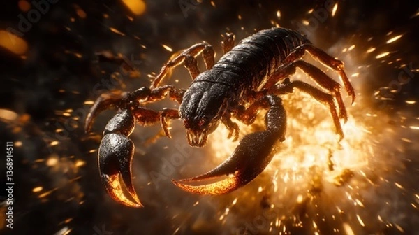Fototapeta Fiery Scorpion in Exploding Sparkles