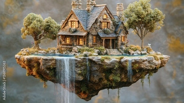 Obraz Stone Cottage on a Floating Island with Waterfall