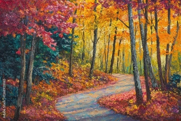 Fototapeta An oil painting of a winding path through a forest in autumn with colorful foliage and tree trunks