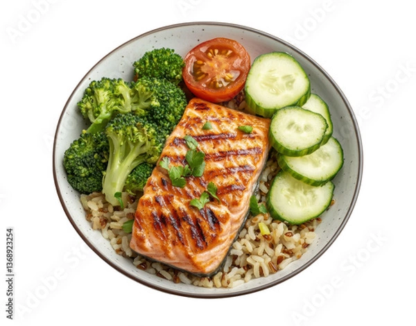 Fototapeta Healthy salmon meal with broccoli and cucumber for nutritious lunch on a transparent background, cut out