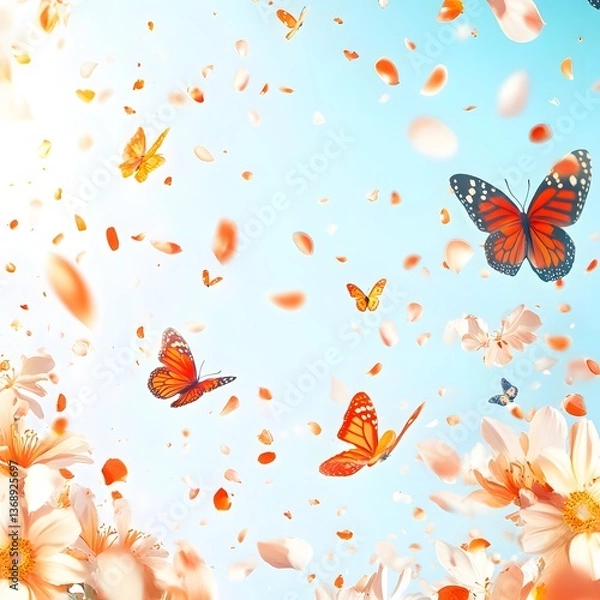 Fototapeta Flying Butterflies & Petals, Spring Sky