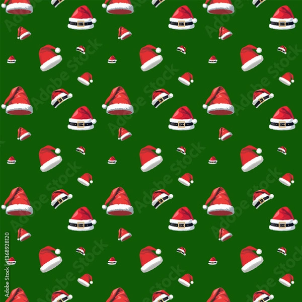 Fototapeta Seamless vector pattern of red Santa Claus hats on green background.