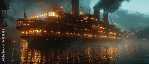 Obraz Glowing Ship in Night Harbor