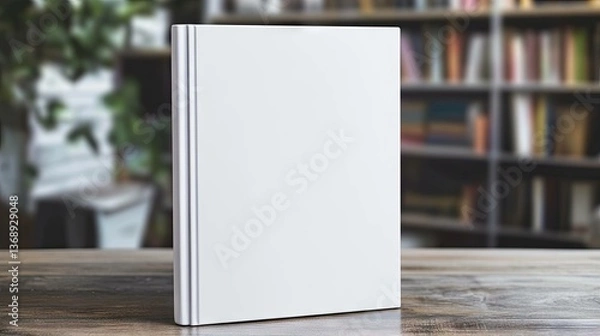 Fototapeta Book cover mockup standing on wooden table in front of bookshelf